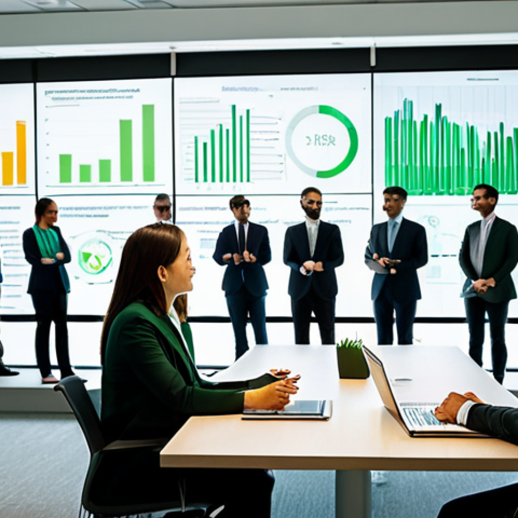 A diverse group of business professionals, fully clothed in modern, modest business attire, are engaged in a strategic meeting within a brightly lit, contemporary office space. They are gathered around a large transparent screen displaying data visualizations related to ESG performance and renewable energy initiatives. The atmosphere is collaborative and forward-thinking, emphasizing intelligent resource management and corporate responsibility. The background features subtle green architectural elements and natural light. Perfect anatomy, correct proportions, natural poses, well-formed hands, proper finger count. Professional photography, high quality, safe for work, appropriate content, fully clothed, professional.