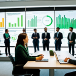 A diverse group of business professionals, fully clothed in modern, modest business attire, are engaged in a strategic meeting within a brightly lit, contemporary office space. They are gathered around a large transparent screen displaying data visualizations related to ESG performance and renewable energy initiatives. The atmosphere is collaborative and forward-thinking, emphasizing intelligent resource management and corporate responsibility. The background features subtle green architectural elements and natural light. Perfect anatomy, correct proportions, natural poses, well-formed hands, proper finger count. Professional photography, high quality, safe for work, appropriate content, fully clothed, professional.