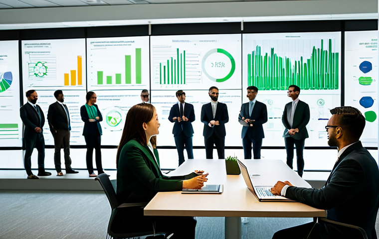 A diverse group of business professionals, fully clothed in modern, modest business attire, are engaged in a strategic meeting within a brightly lit, contemporary office space. They are gathered around a large transparent screen displaying data visualizations related to ESG performance and renewable energy initiatives. The atmosphere is collaborative and forward-thinking, emphasizing intelligent resource management and corporate responsibility. The background features subtle green architectural elements and natural light. Perfect anatomy, correct proportions, natural poses, well-formed hands, proper finger count. Professional photography, high quality, safe for work, appropriate content, fully clothed, professional.