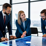 A diverse group of professional business individuals (men and women) in their 30s and 40s, dressed in modest business attire, actively collaborating around a large, luminous, interactive digital display table in a sleek, modern, brightly lit tech office. They are pointing at abstract data visualizations and schematics related to AI development and market strategies, showing intense focus and synergy. The background features a blurred, futuristic city skyline visible through large windows, suggesting global reach and innovation.
    *   Quality modifiers: High-resolution, professional photography, perfect anatomy, correct proportions, natural pose, well-formed hands, proper finger count, natural body proportions.
    *   Safety modifiers: Fully clothed, modest clothing, appropriate attire, professional dress, safe for work, appropriate content, professional, family-friendly.