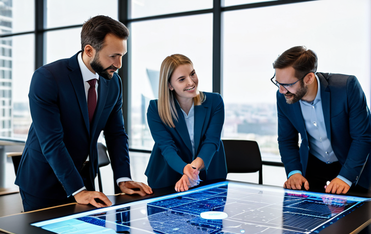 A diverse group of professional business individuals (men and women) in their 30s and 40s, dressed in modest business attire, actively collaborating around a large, luminous, interactive digital display table in a sleek, modern, brightly lit tech office. They are pointing at abstract data visualizations and schematics related to AI development and market strategies, showing intense focus and synergy. The background features a blurred, futuristic city skyline visible through large windows, suggesting global reach and innovation.
* Quality modifiers: High-resolution, professional photography, perfect anatomy, correct proportions, natural pose, well-formed hands, proper finger count, natural body proportions.
* Safety modifiers: Fully clothed, modest clothing, appropriate attire, professional dress, safe for work, appropriate content, professional, family-friendly.