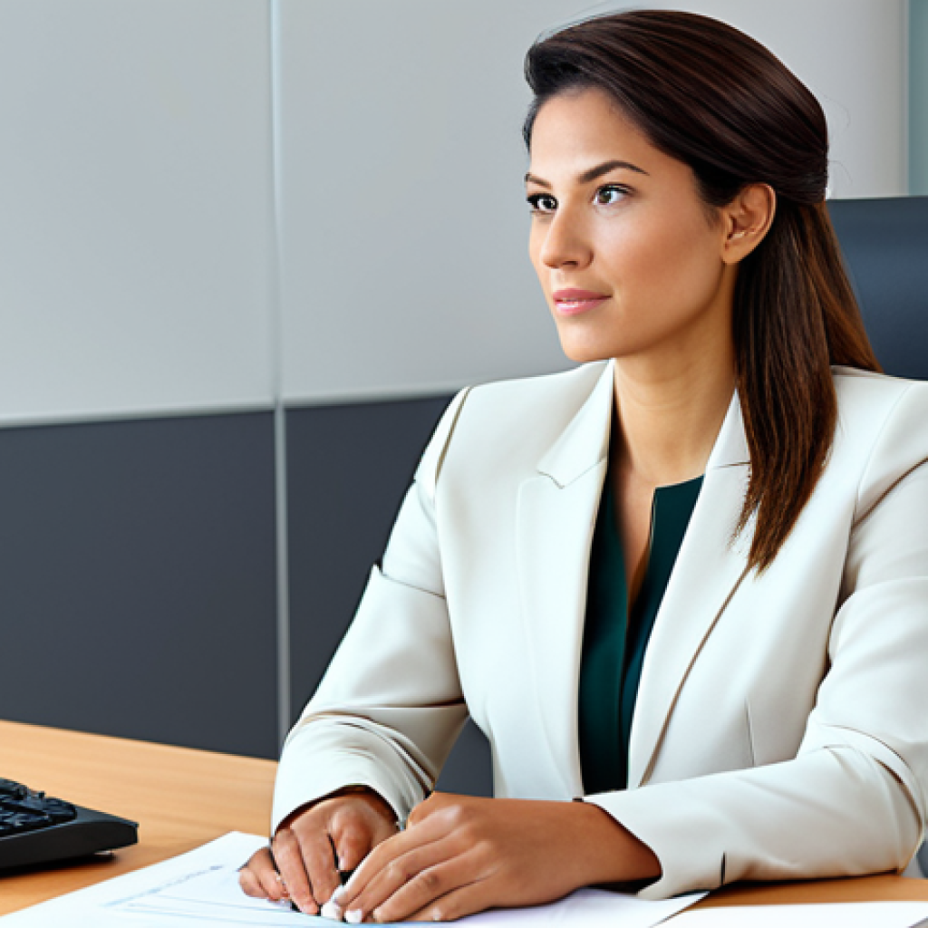 지속가능한 비즈니스 모델의 재정적 지속 가능성 - Businesswoman in a Modern Office**
A professional businesswoman in a tailored business suit, sittin...