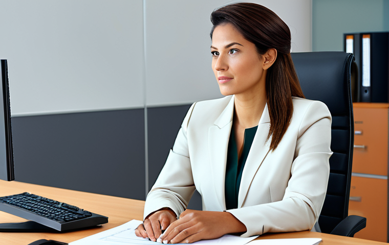 지속가능한 비즈니스 모델의 재정적 지속 가능성 - Businesswoman in a Modern Office**
A professional businesswoman in a tailored business suit, sittin...