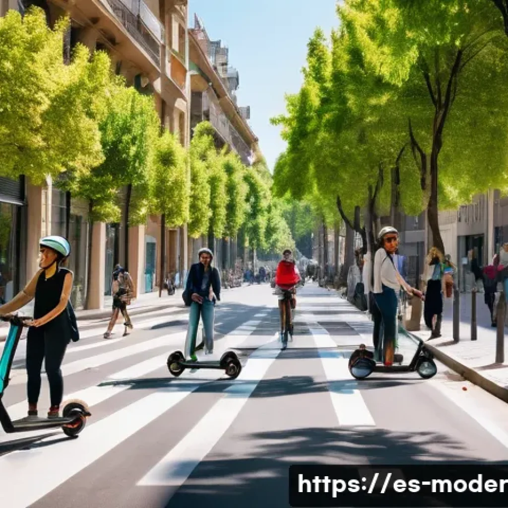 지속가능한 도시 개발과 비즈니스 모델 - A vibrant urban street scene in Barcelona showcasing shared electric mobility: diverse people riding...