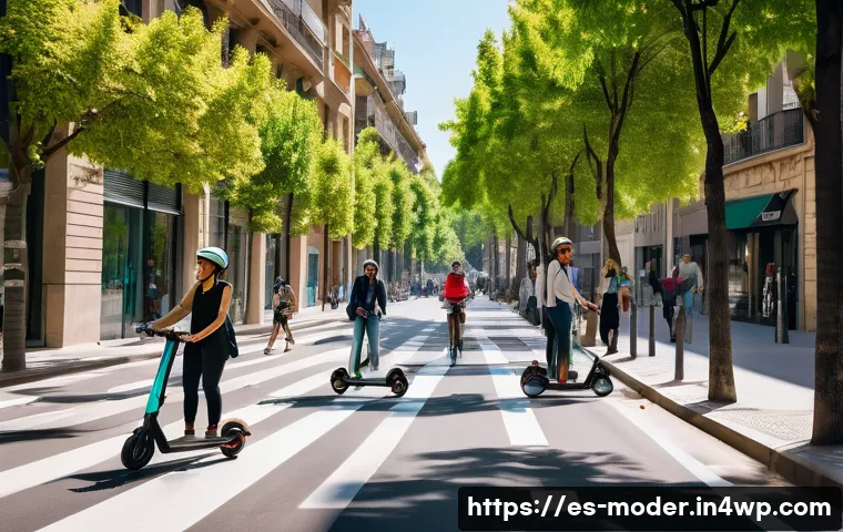 지속가능한 도시 개발과 비즈니스 모델 - A vibrant urban street scene in Barcelona showcasing shared electric mobility: diverse people riding...