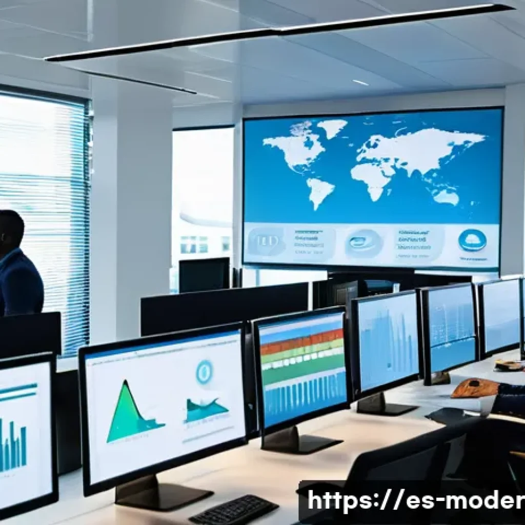 지속 가능한 비즈니스 모델의 리스크 관리 - A modern corporate office environment with a diverse team of professionals analyzing real-time envir...