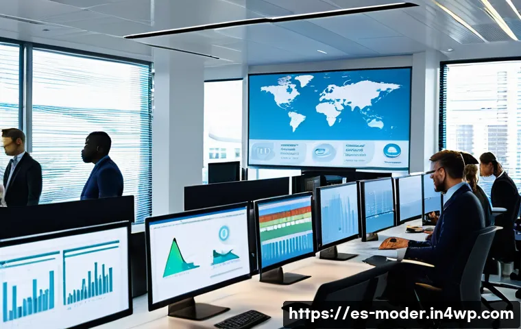 지속 가능한 비즈니스 모델의 리스크 관리 - A modern corporate office environment with a diverse team of professionals analyzing real-time envir...