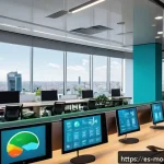 Home 22 지속 가능한 비즈니스 모델의 미래 지향적 접근 - A modern corporate office environment in a vibrant Latin American city, showcasing diverse professio...