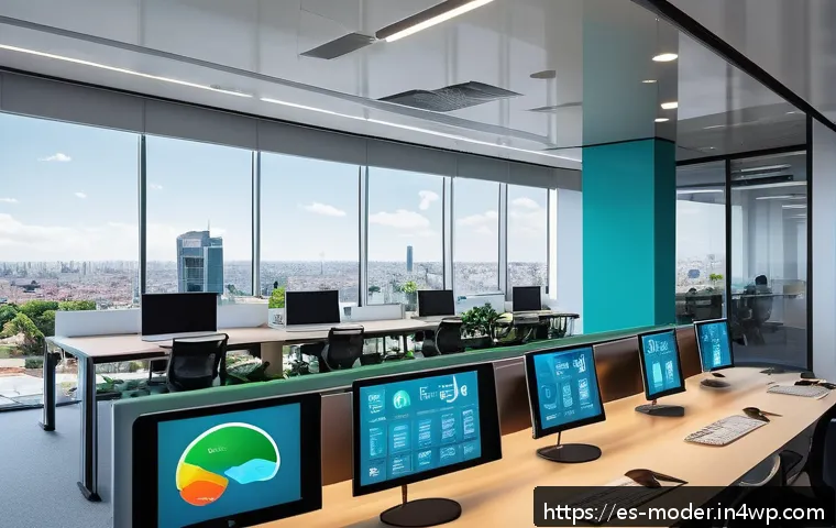 지속 가능한 비즈니스 모델의 미래 지향적 접근 - A modern corporate office environment in a vibrant Latin American city, showcasing diverse professio...