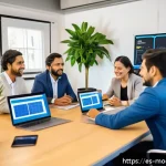 Home 19 지속 가능한 비즈니스 모델을 위한 정책 제안 - A modern Latin American small business office setting where a diverse group of professionals, dresse...