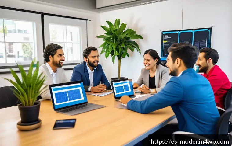 지속 가능한 비즈니스 모델을 위한 정책 제안 - A modern Latin American small business office setting where a diverse group of professionals, dresse...