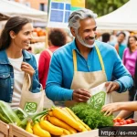 Home 23 지속 가능한 비즈니스 모델을 위한 시장 조사 - A diverse group of eco-conscious Spanish consumers shopping in an urban farmers market, focusing on ...