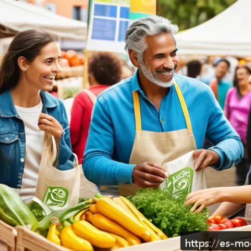Home 17 지속 가능한 비즈니스 모델을 위한 시장 조사 - A diverse group of eco-conscious Spanish consumers shopping in an urban farmers market, focusing on ...