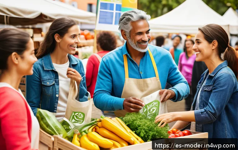 지속 가능한 비즈니스 모델을 위한 시장 조사 - A diverse group of eco-conscious Spanish consumers shopping in an urban farmers market, focusing on ...