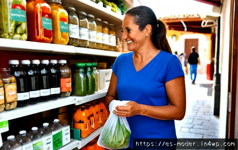 Home 17 지속가능한 비즈니스 모델과 고객 충성도 - Photorealistic small sustainable neighborhood grocery in Spain, friendly shop owner handing a reusab...